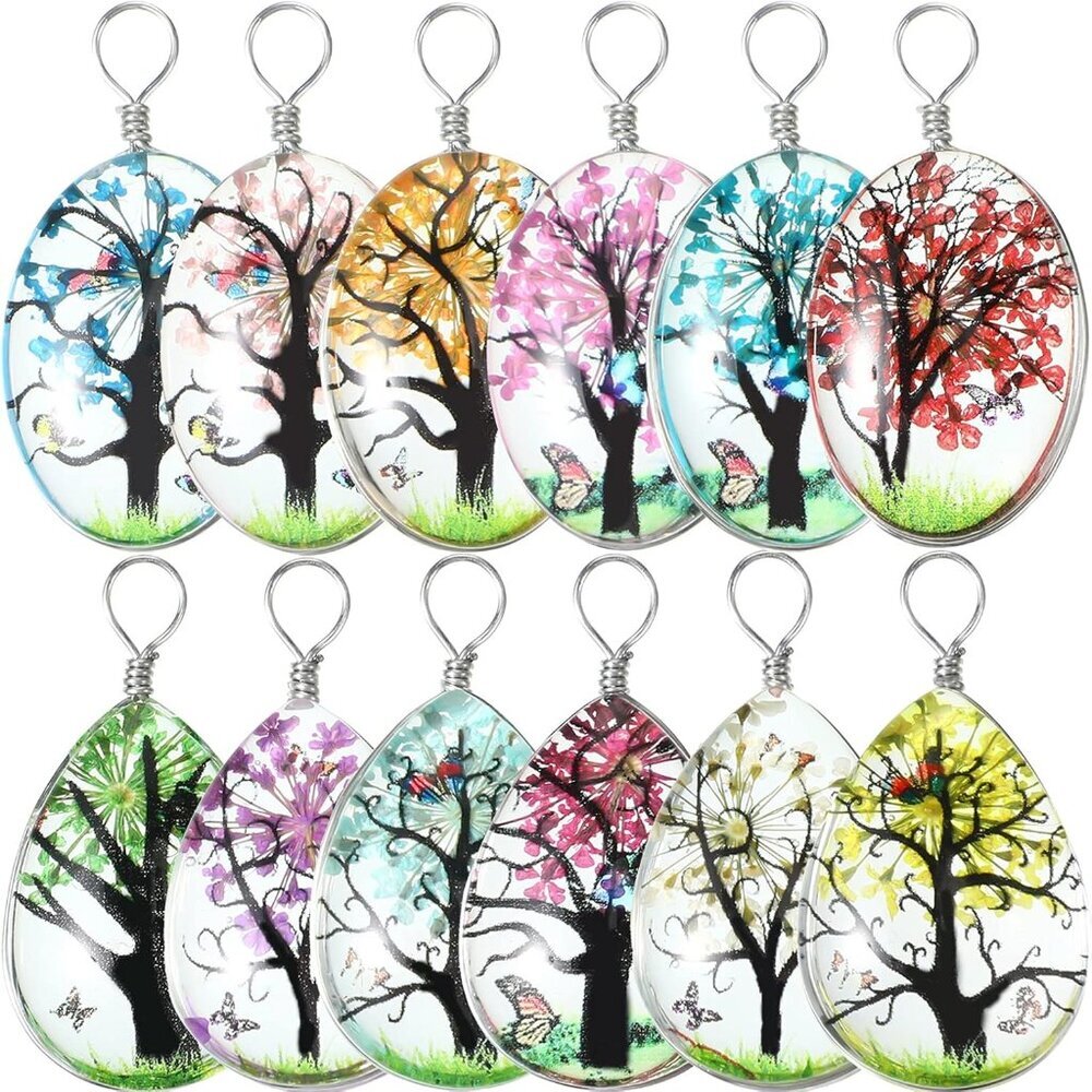 12 Pieces Dried Flower Tree Pendant Charms Resin Dried Pressed Flower Pendant Wa